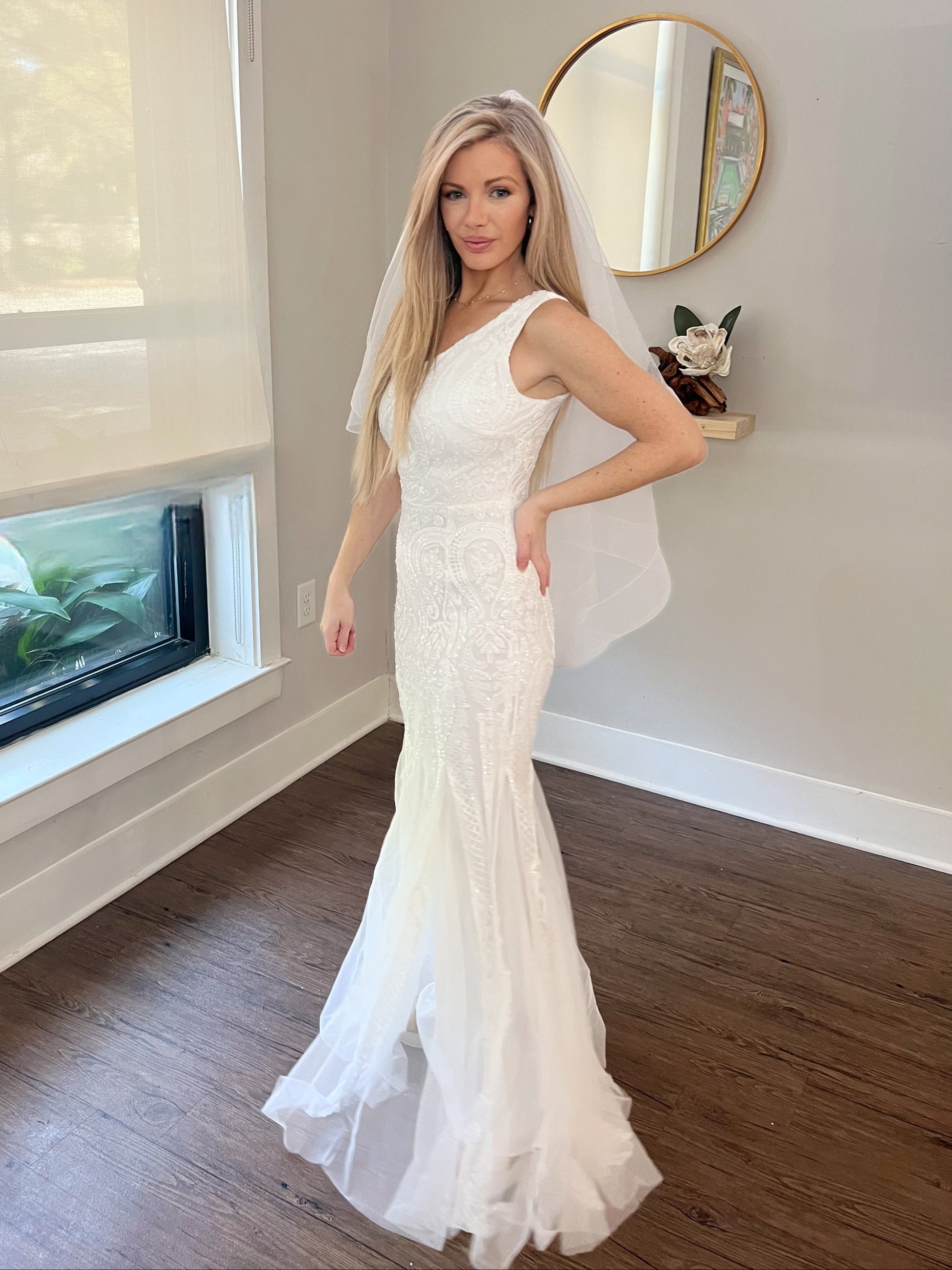Beaded Sequin One Shoulder Trumpet Wedding Dress 6