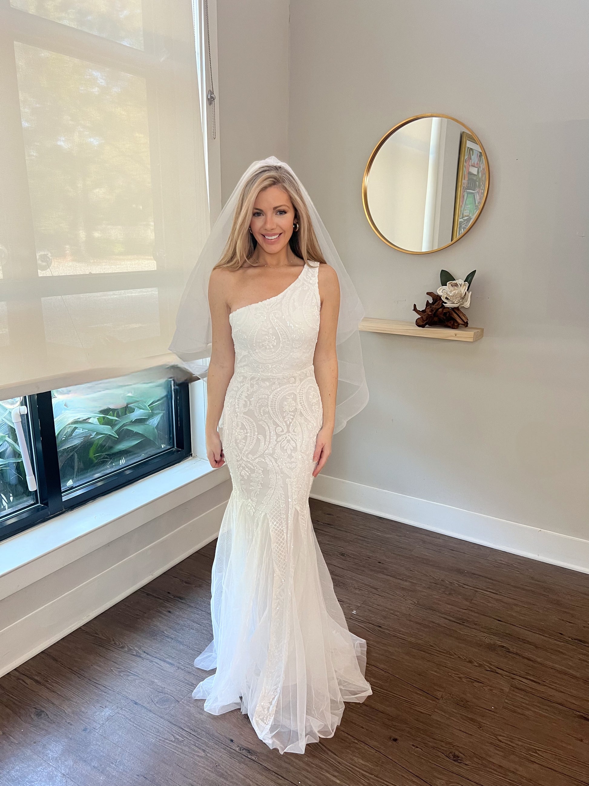 One Shoulder Sequin Wedding Dress on blonde woman with veil