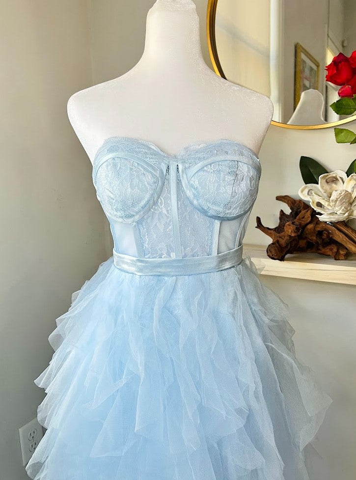 Elegant Light Blue Tulle Wedding Guest Dress with Corset Bodice