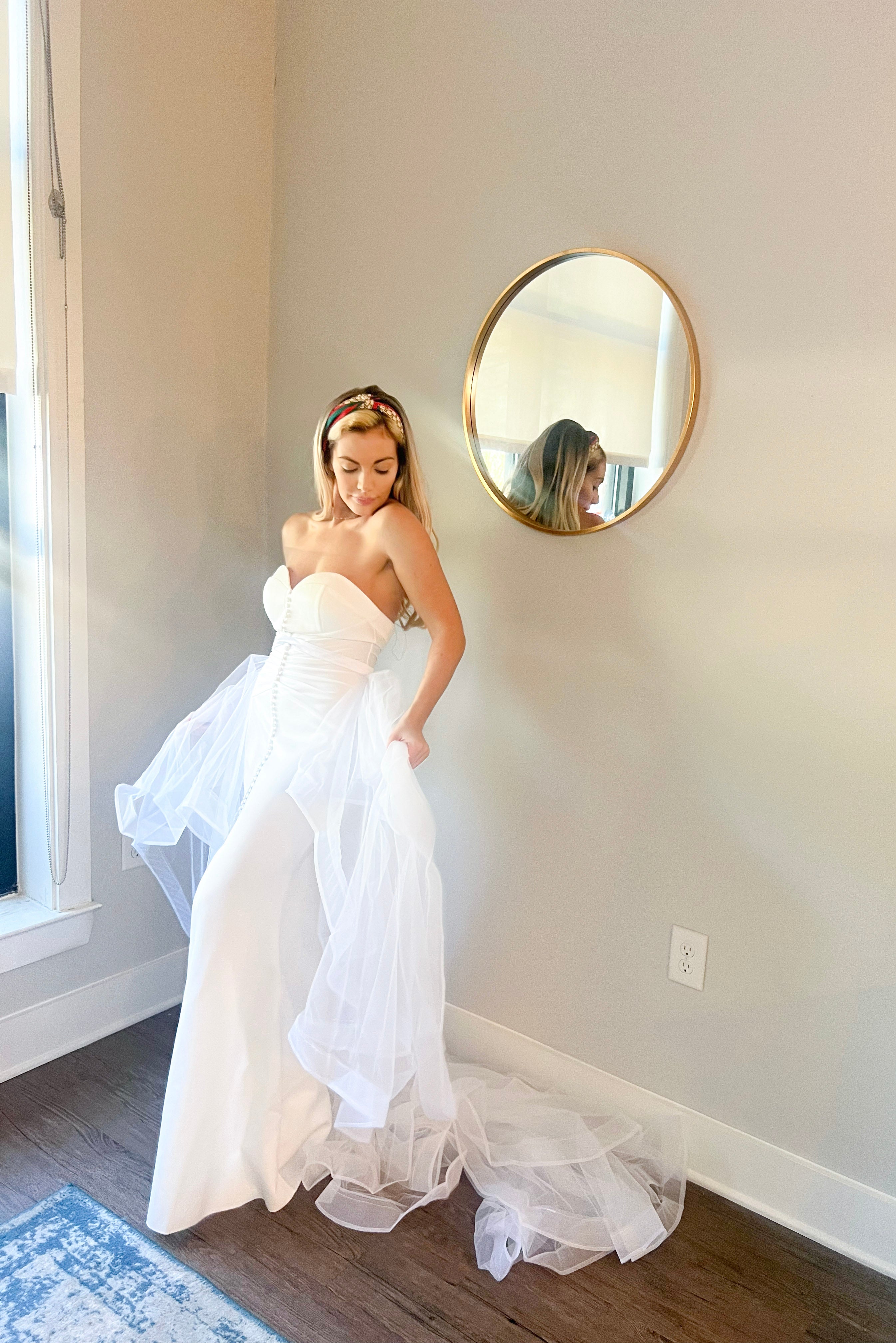 Two piece wedding outfit, white haus of lace wedding dress with haus of lace detachable tulle wedding train