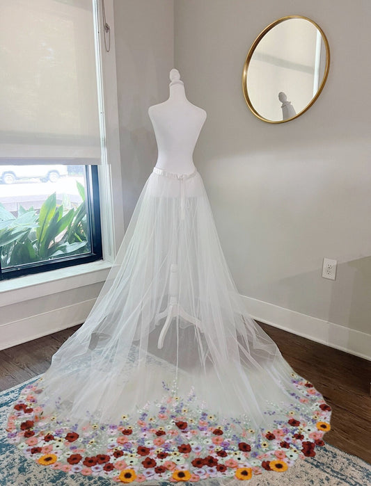 3D Colored Flowers at the hem on tulle train