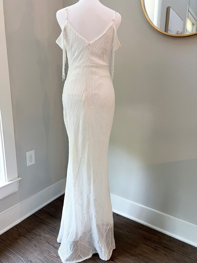 Tasseled Swarovski Crystal Wedding Sleeves, zipper back wedding gown, sequin glam wedding gown