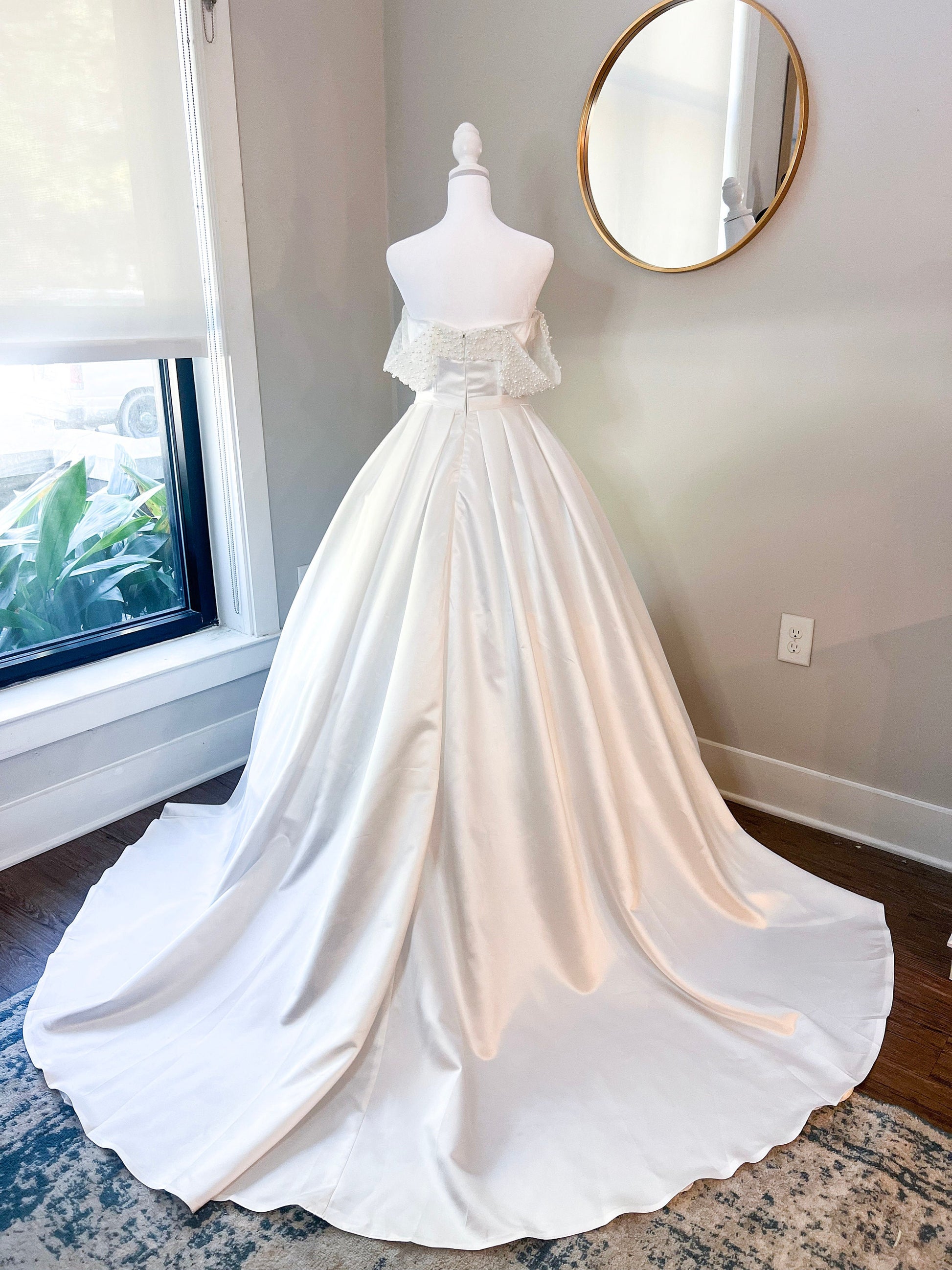 Off the shoulder pearl beaded wedding ballgown, satin affordable wedding gown, pearl decorated off shoulder sleeves corset wedding dress, beautiful luxurious strapless wedding gown