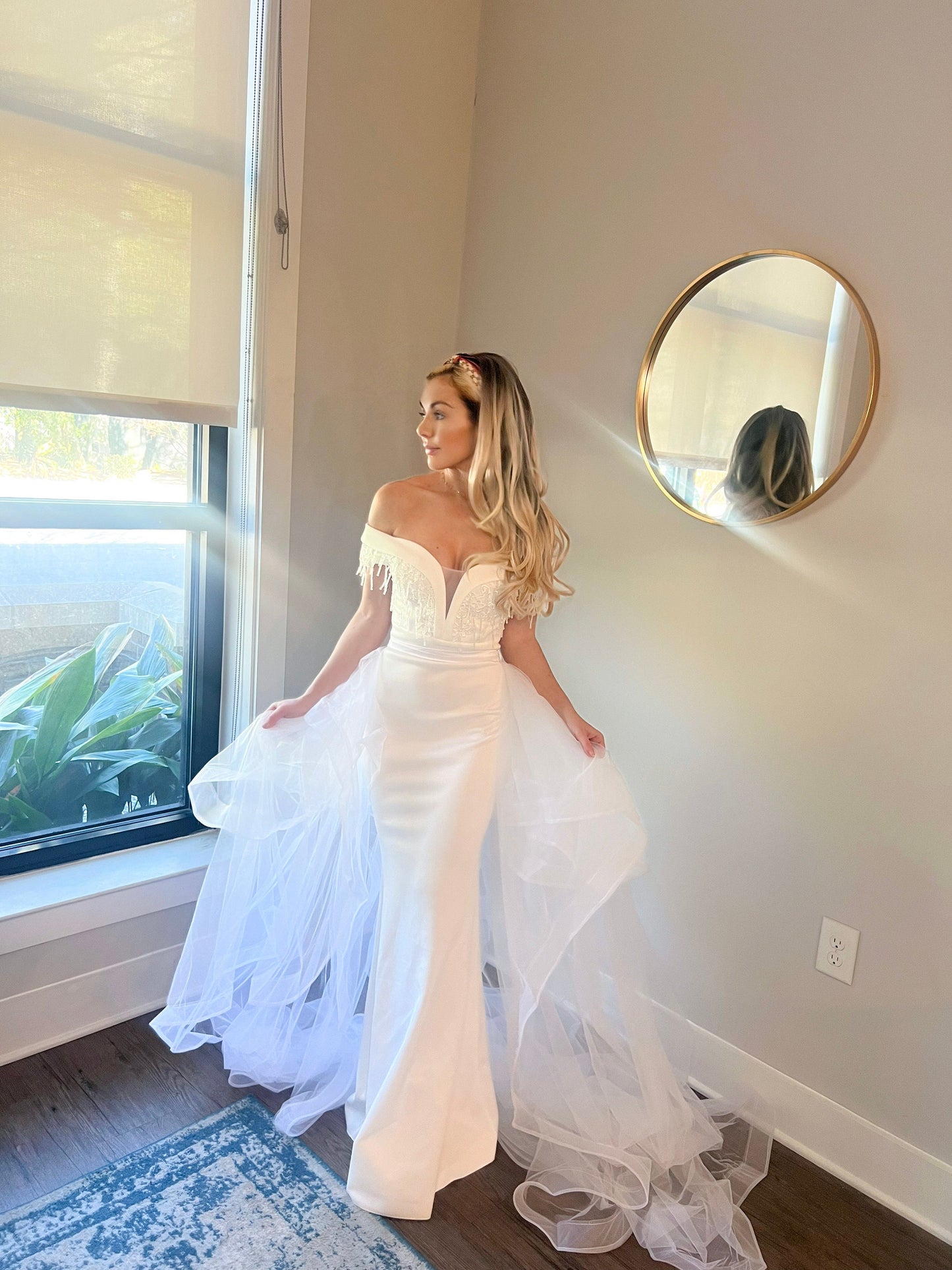 Mermaid Off Shoulder Appliques Wedding Reception Dress with Tulle Train