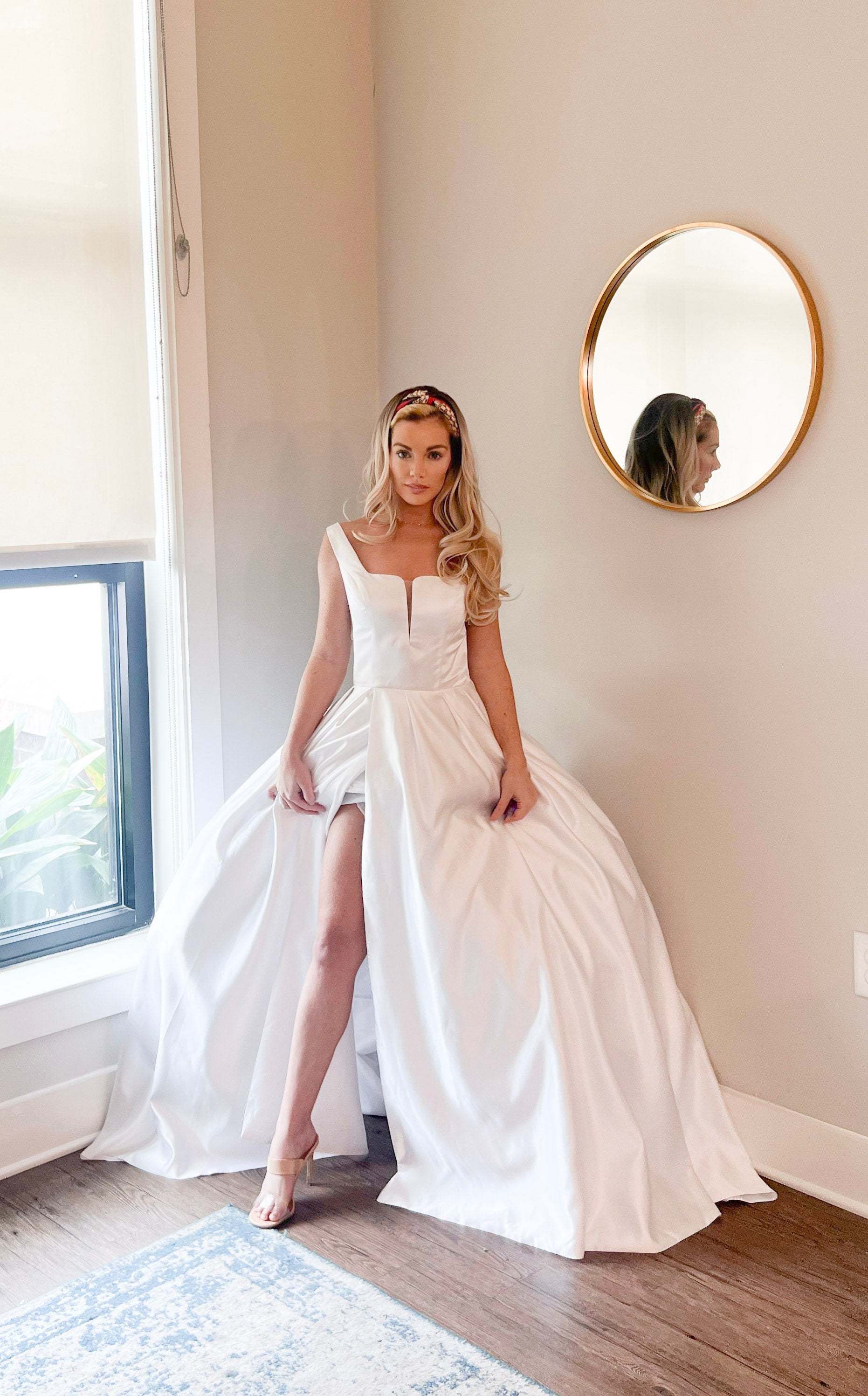 High leg slit wedding dress, sexy ballgown wedding dress with leg slit, satin wedding dress affordable