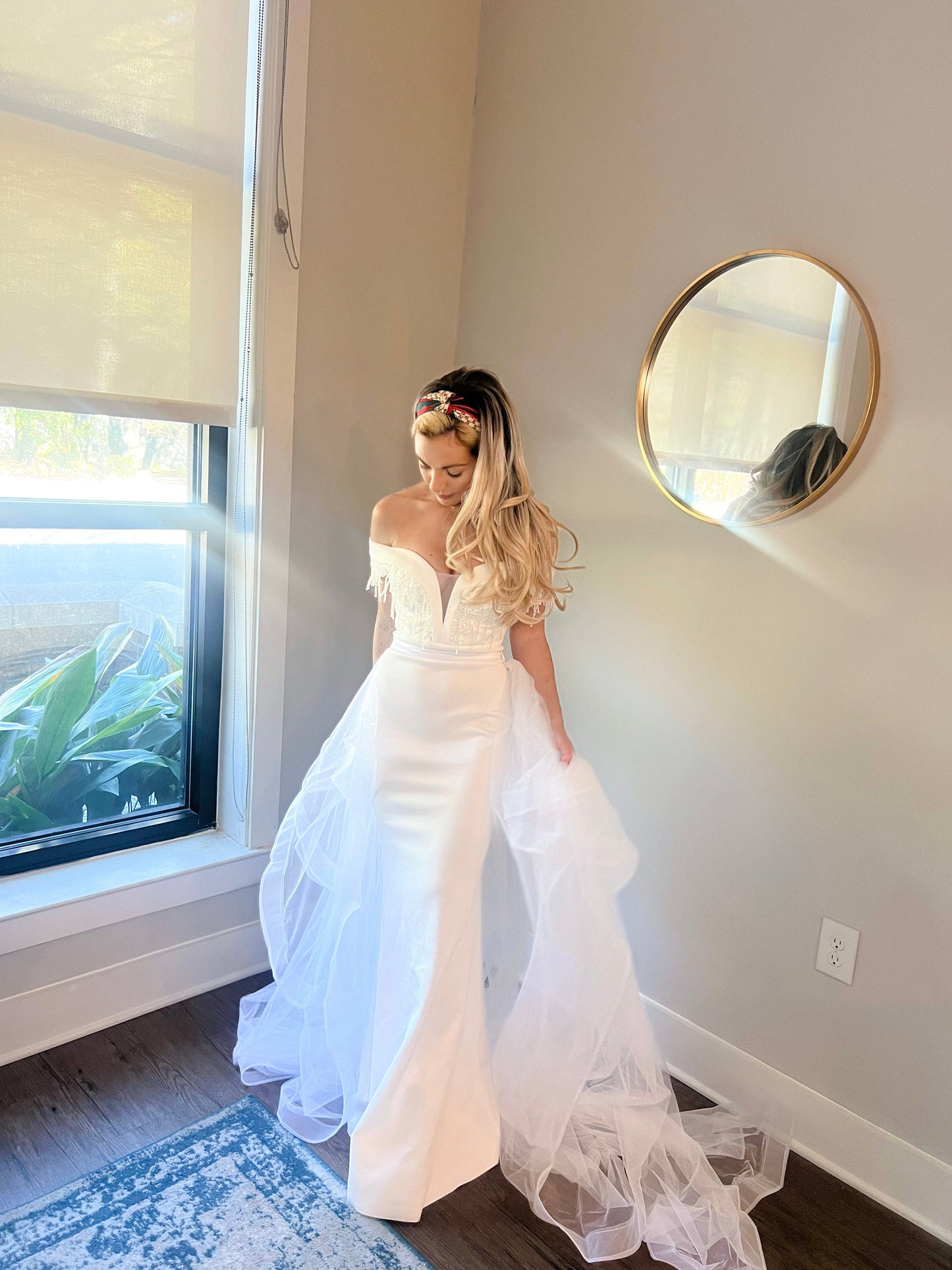 Mermaid Off Shoulder Appliques Wedding Reception Dress with Tulle Train