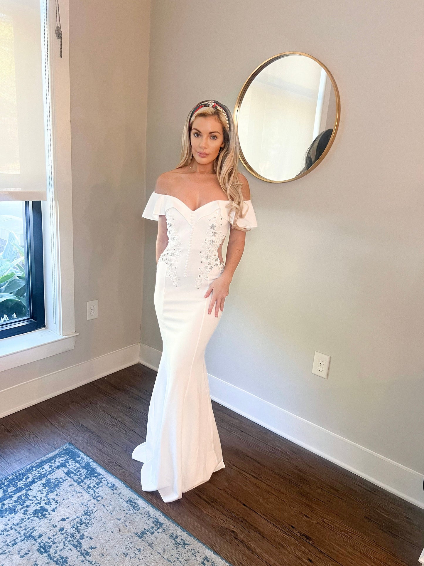 Flutter off shoulder sleeves beaded bodice wedding dress, jersey material wedding dress comfortable material, vintage wedding dress fit n flare dress, affordable wedding dress