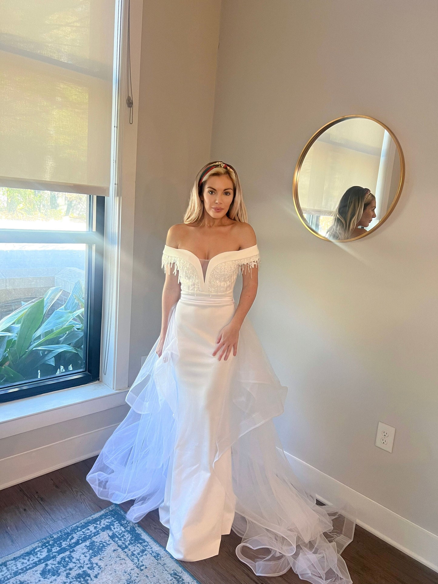 Mermaid Off Shoulder Appliques Wedding Reception Dress with Tulle Train